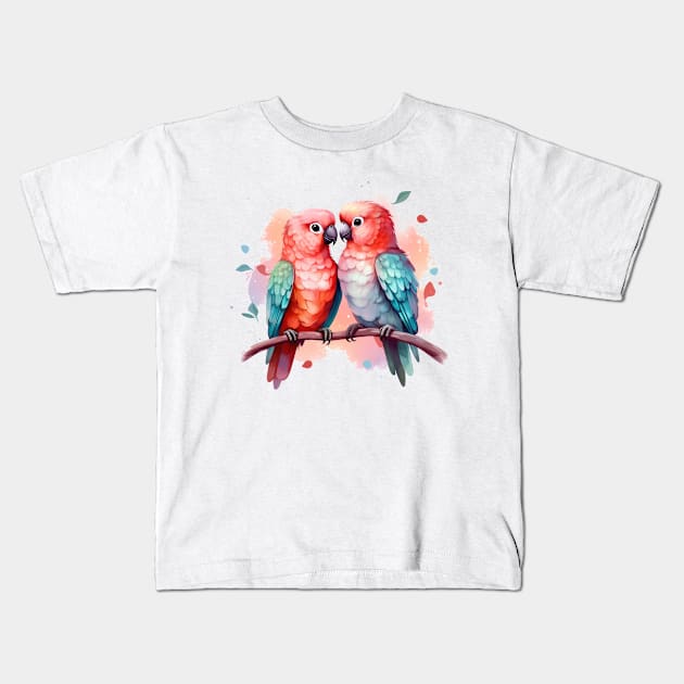 Valentine Kissing Conure Bird Couple Kids T-Shirt by Chromatic Fusion Studio